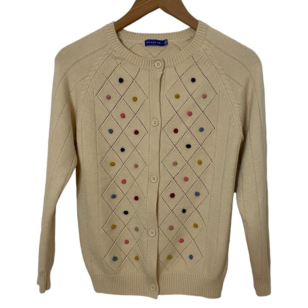 Maisonette Multi Colored Pom Pom Button Down Cardigan Sweater Extra Small EUC